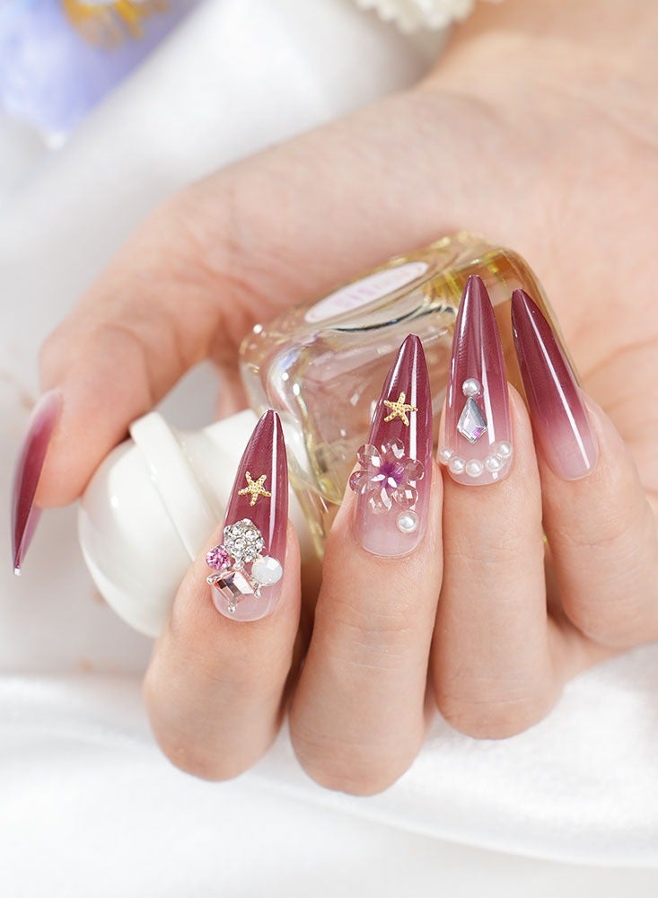 24 Pieces Press-On Nail Art Patches, With Nail Art Tool Kit, Wine Red, Diamonds, Pointed Long Nail Patches, Temperament Models Daily Versatile, Convenient Patches, Health And Safety - Image 5