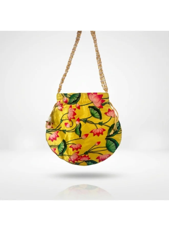 Mobcos Mobcos Yellow Flower Floral Print Potli Bag Mobcos Yellow Flower Handcrafted Indian Floral Print Potli Bag for Women | Print Silk Blend Ethnic Drawstring Handbag with Pearl Handle | Traditional Wedding, Bridal, Festive & Party Purse  | Best Price UAE