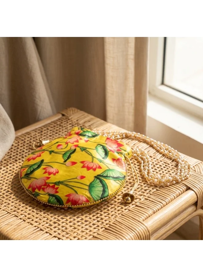 Mobcos Mobcos Yellow Flower Floral Print Potli Bag Mobcos Yellow Flower Handcrafted Indian Floral Print Potli Bag for Women | Print Silk Blend Ethnic Drawstring Handbag with Pearl Handle | Traditional Wedding, Bridal, Festive & Party Purse  | Best Price UAE