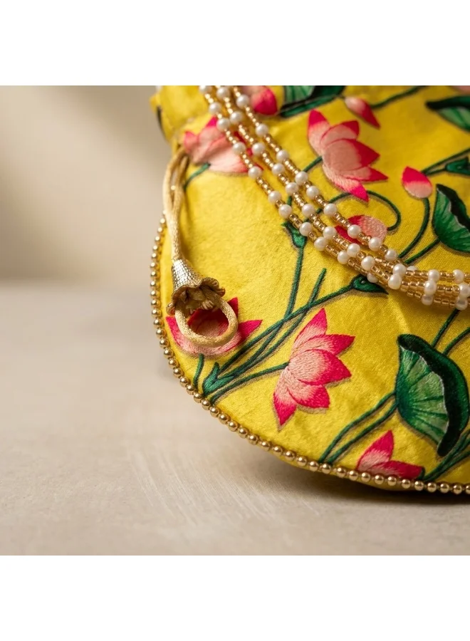 Mobcos Mobcos Yellow Flower Floral Print Potli Bag Mobcos Yellow Flower Handcrafted Indian Floral Print Potli Bag for Women | Print Silk Blend Ethnic Drawstring Handbag with Pearl Handle | Traditional Wedding, Bridal, Festive & Party Purse  | Best Price UAE