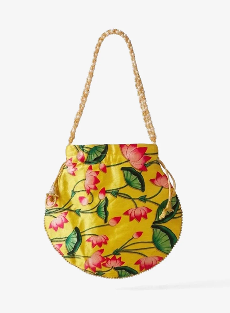 Mobcos Mobcos Yellow Flower Handcrafted Indian Floral Print Potli Bag for Women | Print Silk Blend Ethnic Drawstring Handbag with Pearl Handle | Traditional Wedding, Bridal, Festive & Party Purse