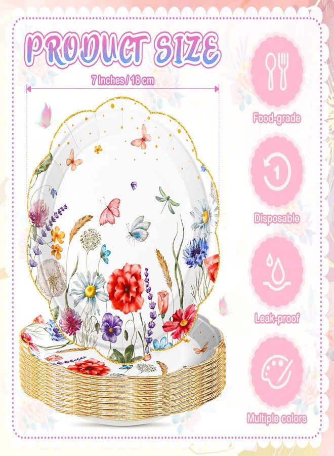 Zhehao 36 Pcs 7 Inch Wildflower Dessert Plates Watercolor Disposable Paper Plates Scalloped Golden Edge Retro Flower Decorative for Birthday Wedding Baby Shower Wildflowers Party Supplies, 6 Styles - Image 3