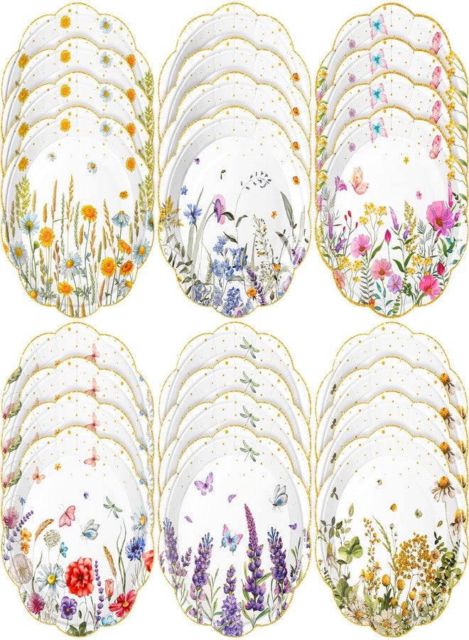 Zhehao 36 Pcs 7 Inch Wildflower Dessert Plates Watercolor Disposable Paper Plates Scalloped Golden Edge Retro Flower Decorative for Birthday Wedding Baby Shower Wildflowers Party Supplies, 6 Styles - Image 1