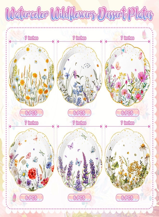 Zhehao 36 Pcs 7 Inch Wildflower Dessert Plates Watercolor Disposable Paper Plates Scalloped Golden Edge Retro Flower Decorative for Birthday Wedding Baby Shower Wildflowers Party Supplies, 6 Styles - Image 5