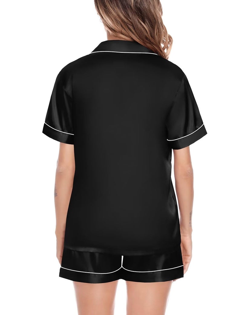 SWOMOG Satin Matching Pajamas Sets Couple Silk Button Down Nightwear Women & Men Short Sleeve Sleepwear 2 Pieces Loungewear Black - Image 4