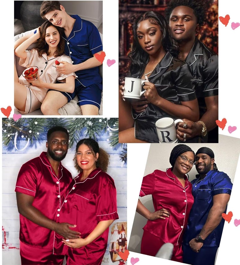 SWOMOG Satin Matching Pajamas Sets Couple Silk Button Down Nightwear Women & Men Short Sleeve Sleepwear 2 Pieces Loungewear Black - Image 5