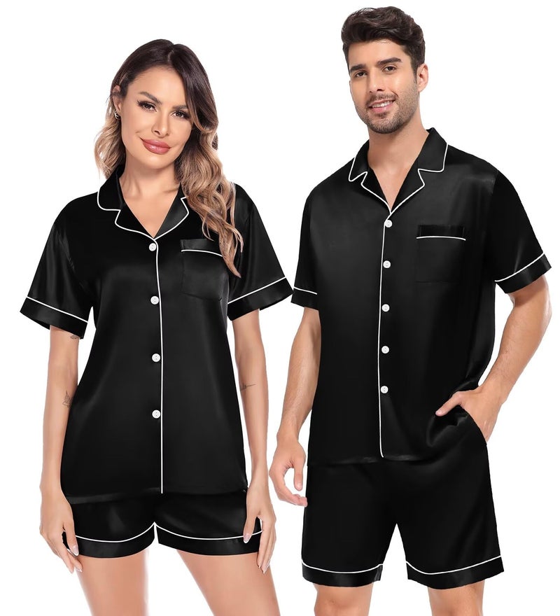 SWOMOG Satin Matching Pajamas Sets Couple Silk Button Down Nightwear Women & Men Short Sleeve Sleepwear 2 Pieces Loungewear Black - Image 1