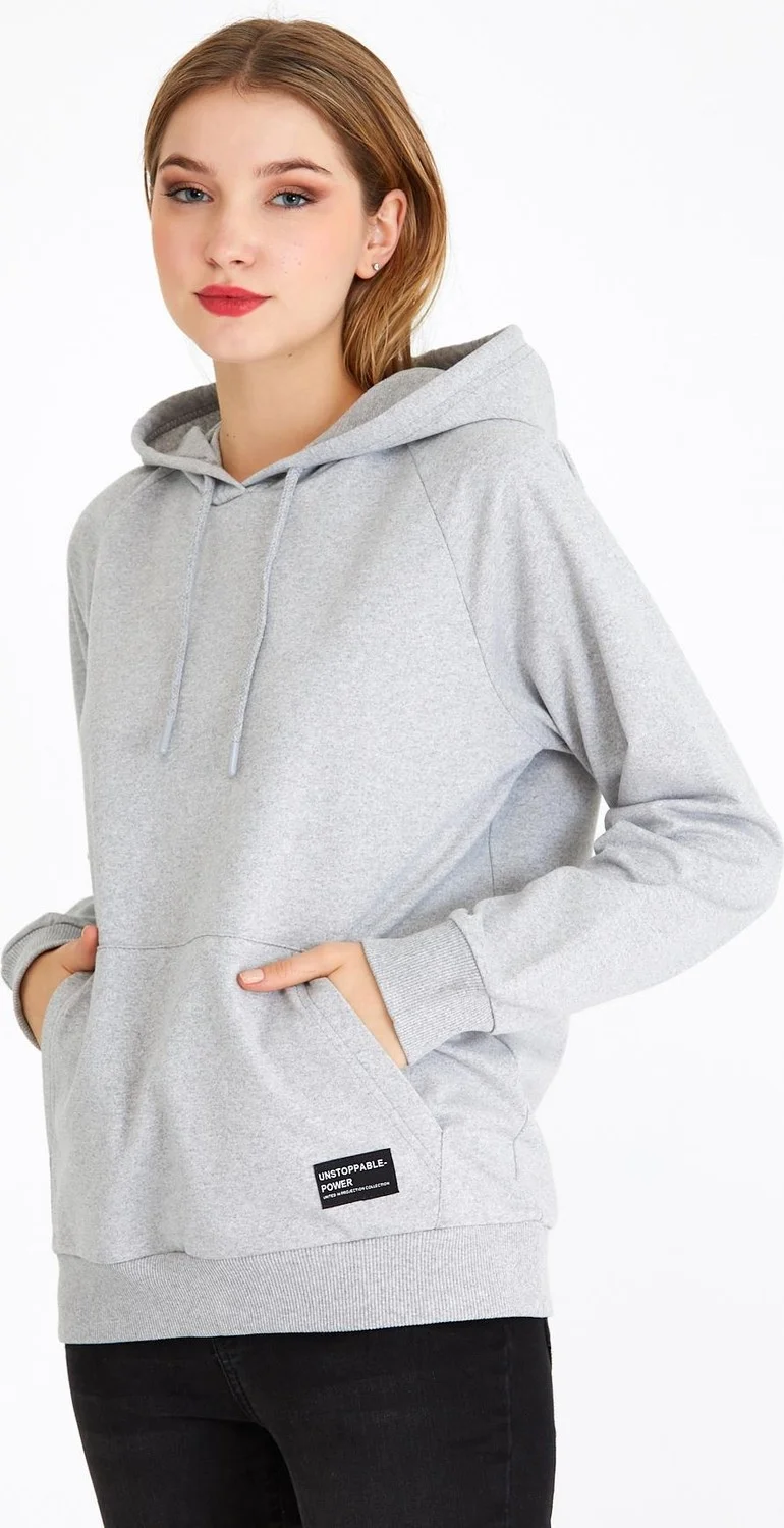 mmetalic Women's Gray Color Hooded Basic Knitted Sweatshirt