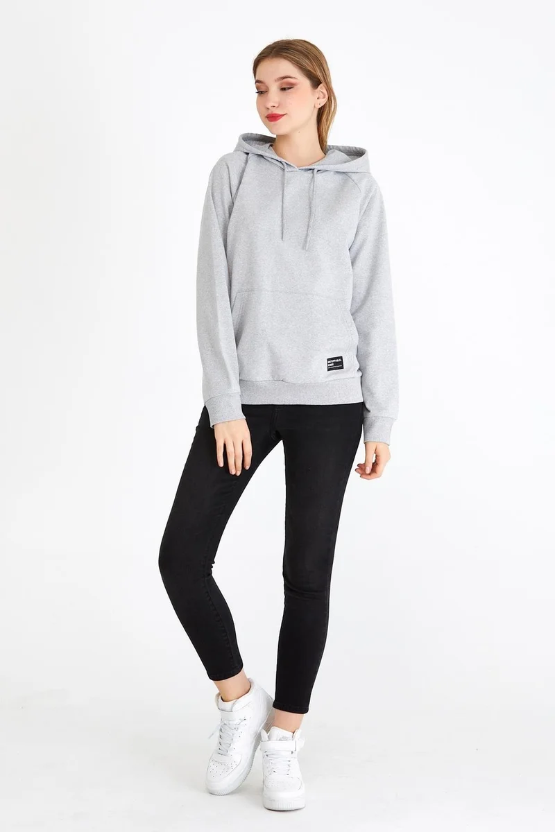mmetalic Women's Gray Color Hooded Basic Knitted Sweatshirt