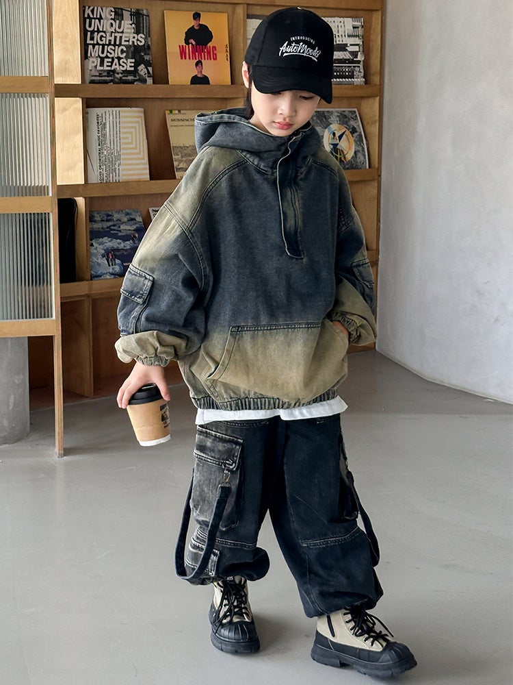 Boys' Denim Sweatshirt Jacket Spring & Fall Kidsren'S Autumn Tops Loose Gradient Color Big Kidsren'S Export - Image 4