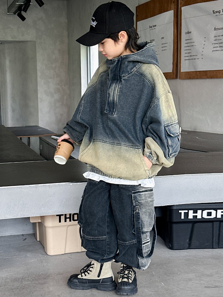Boys' Denim Sweatshirt Jacket Spring & Fall Kidsren'S Autumn Tops Loose Gradient Color Big Kidsren'S Export - Image 3