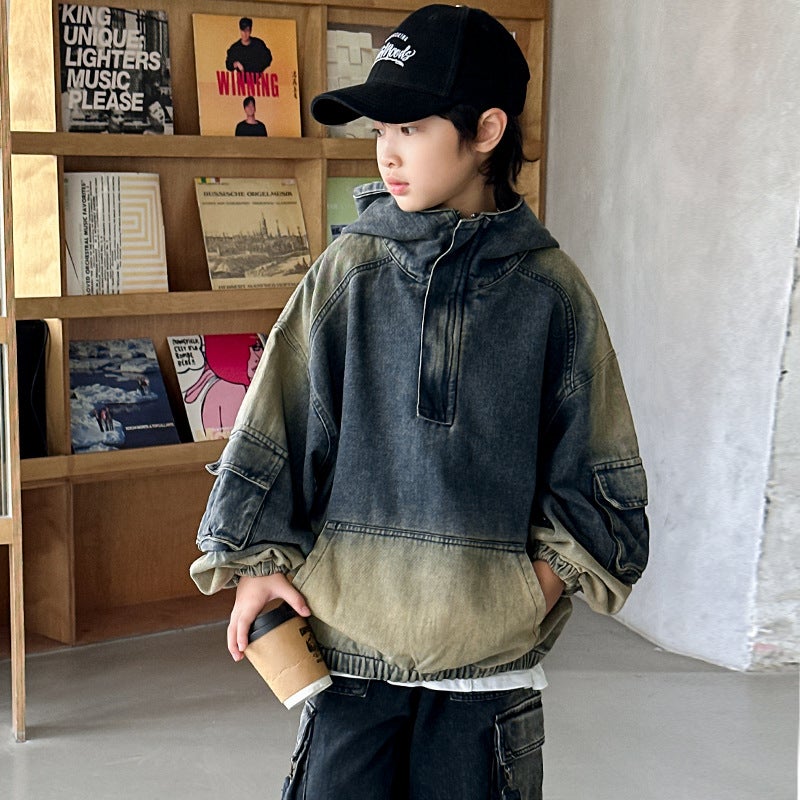 Boys' Denim Sweatshirt Jacket Spring & Fall Kidsren'S Autumn Tops Loose Gradient Color Big Kidsren'S Export - Image 1