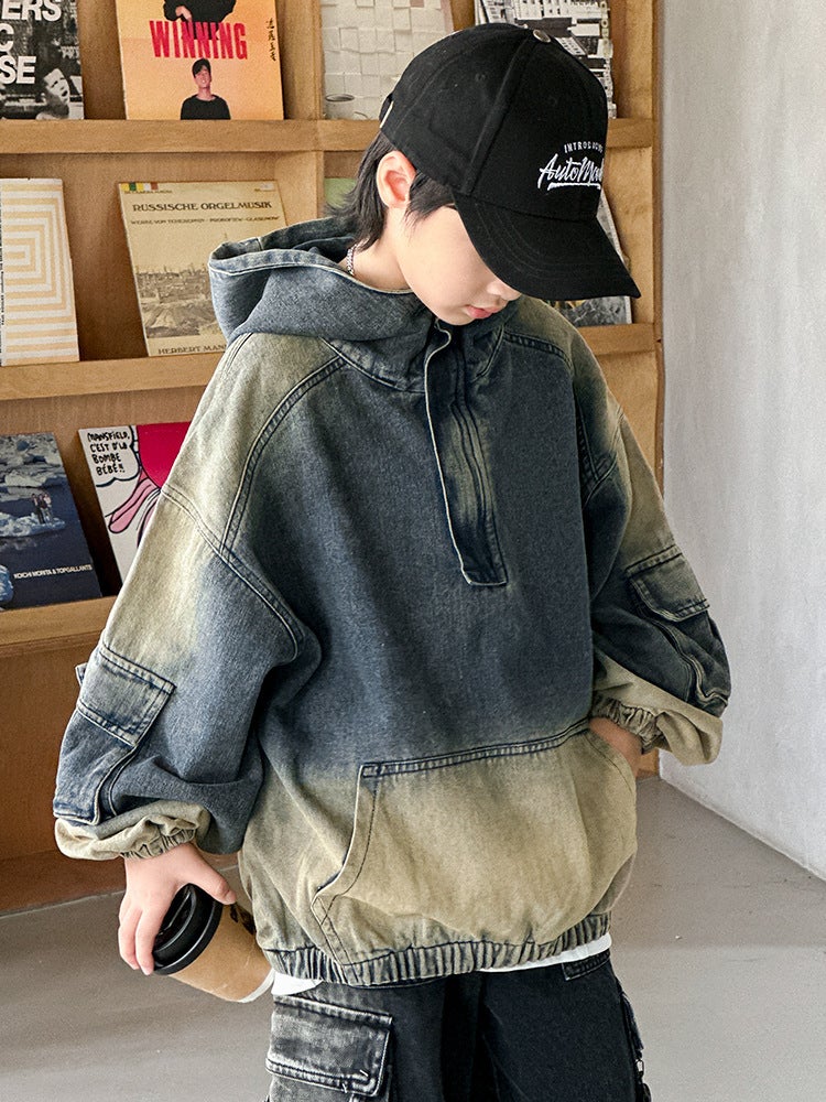 Boys' Denim Sweatshirt Jacket Spring & Fall Kidsren'S Autumn Tops Loose Gradient Color Big Kidsren'S Export - Image 2