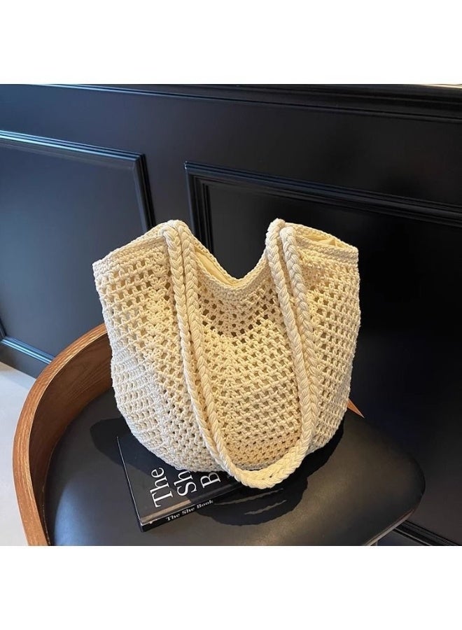 حقيبة يد/حقيبة كتف منسوجة من القطن باللون الأبيض الكريمي، مناسبة للتنقل اليومي والإجازات - Image 1