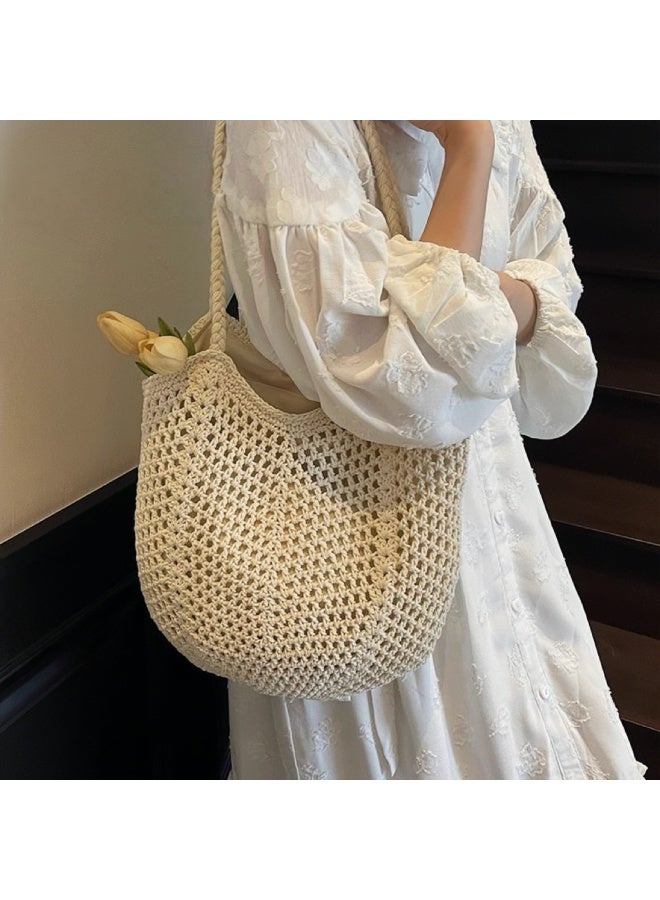 حقيبة يد/حقيبة كتف منسوجة من القطن باللون الأبيض الكريمي، مناسبة للتنقل اليومي والإجازات - Image 2