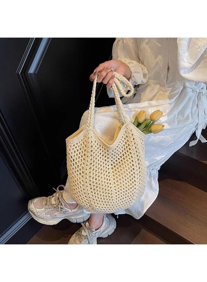 حقيبة يد/حقيبة كتف منسوجة من القطن باللون الأبيض الكريمي، مناسبة للتنقل اليومي والإجازات - Image 3