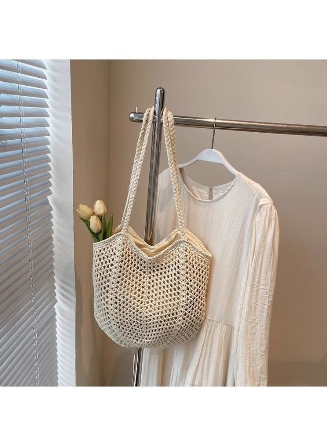 حقيبة يد/حقيبة كتف منسوجة من القطن باللون الأبيض الكريمي، مناسبة للتنقل اليومي والإجازات - Image 5