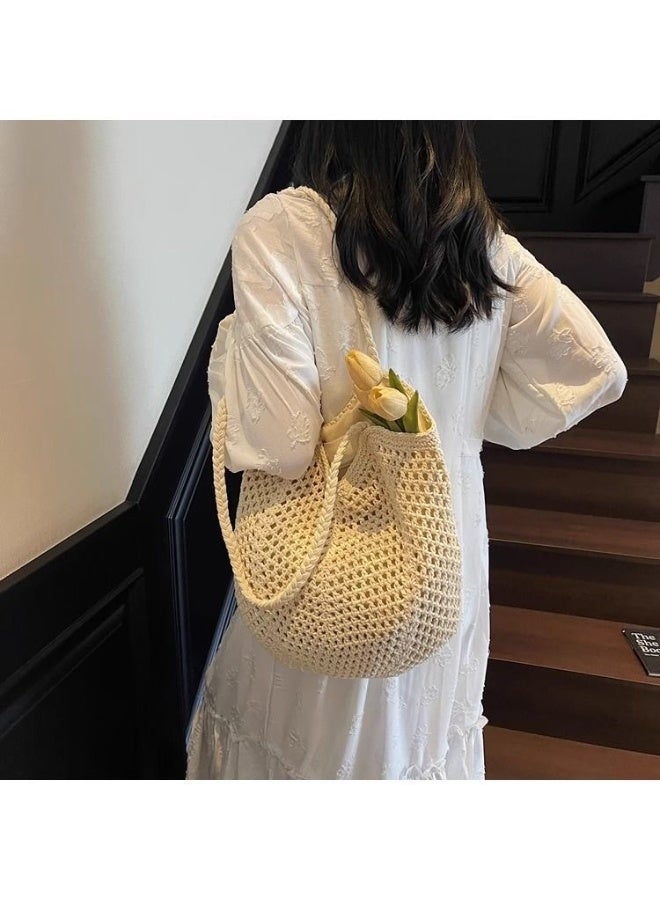 حقيبة يد/حقيبة كتف منسوجة من القطن باللون الأبيض الكريمي، مناسبة للتنقل اليومي والإجازات - Image 4