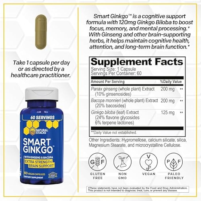 NATURAL STACKS Ginkgo Biloba Supplement with 200mg Panax Ginseng & 200mg Bacopa Monnieri - Brain Supplements for Memory and Focus - Korean Ginseng for Brain Health Support - 60 Ginkgo Biloba Capsules - Image 2