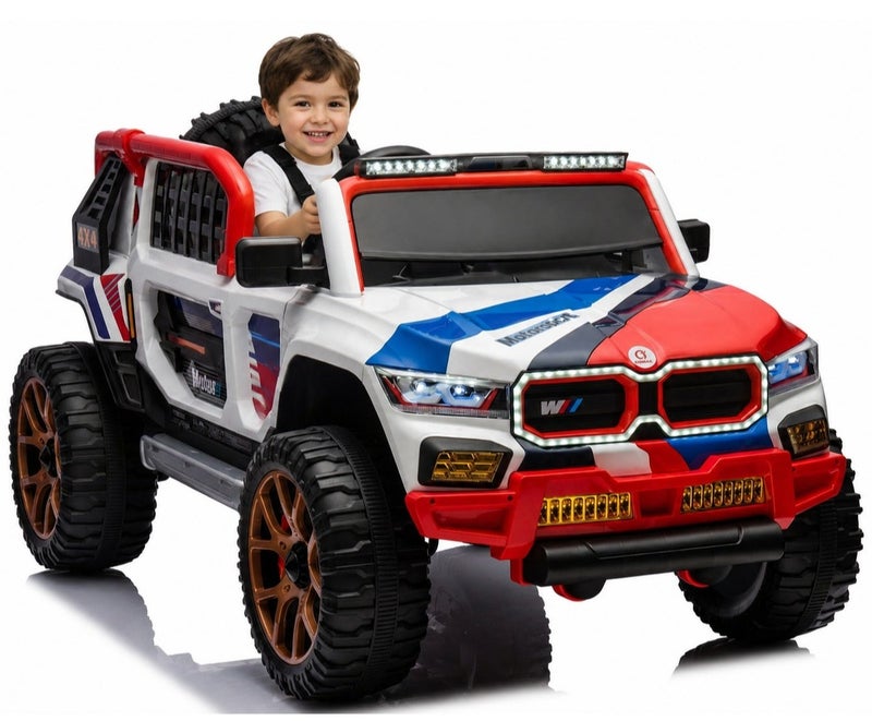 جوما سيارة أطفال كهربائية 4×4 بتصميم رياضي - أبيض، أحمر، أزرق - Image 1