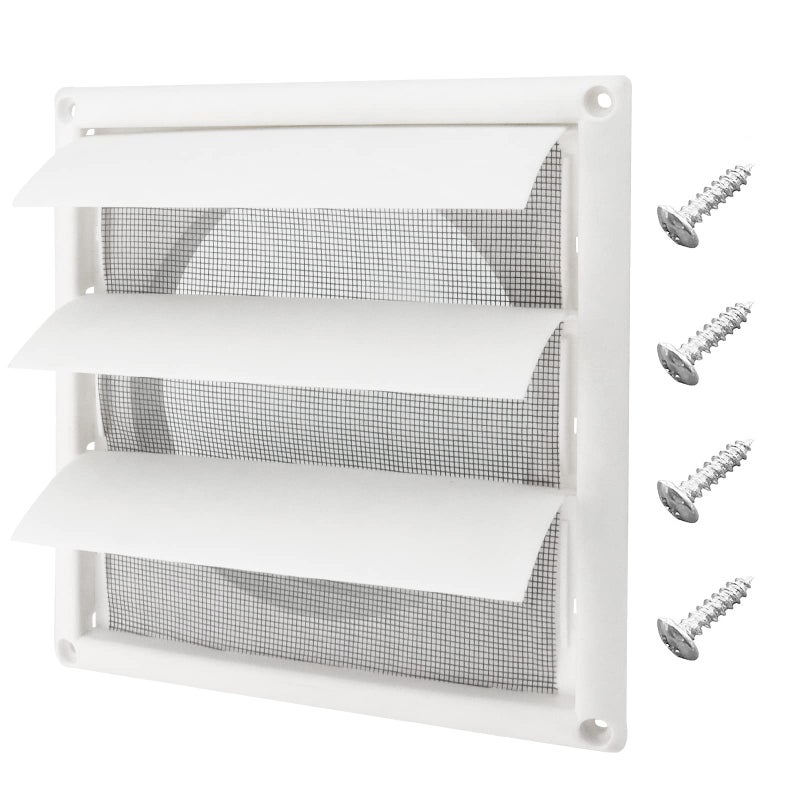 Blutoget 6 Louvered exhaust Vent Cover 8 x 8 Oversize dryer outlet cover for Exterior Wall Vent Hood Outlet Airflow 6 Inch Vent Cover Exterior with 4 Vent Screen Screw White