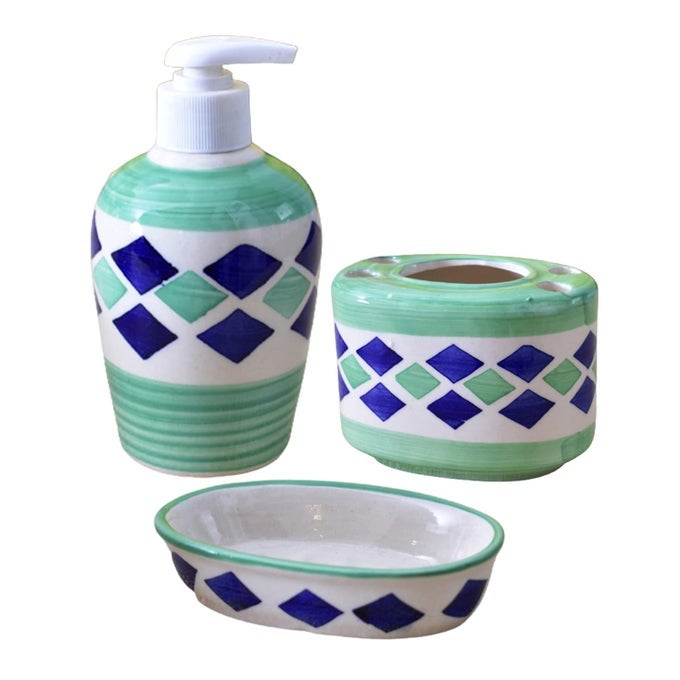 CERAMIC 3PIECE BATHROOM ACCESSORY SET GREEN LIQUID SOAP DISPENSER 450 ML SOAP DISH HOLDER AND TOOTHBRUSH HOLDER