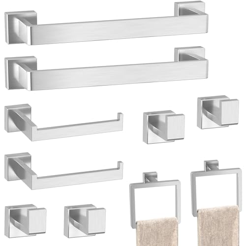 PAHSFS Bathroom Accessories Towel Bar Set: 10 Pieces Brushed Nickel Square Bathroom Hardware SUS304 Stainless Steel - Wall Mounted Towel Rack&Toilet Paper Holder&Towel Ring and Towel Hook - Image 1
