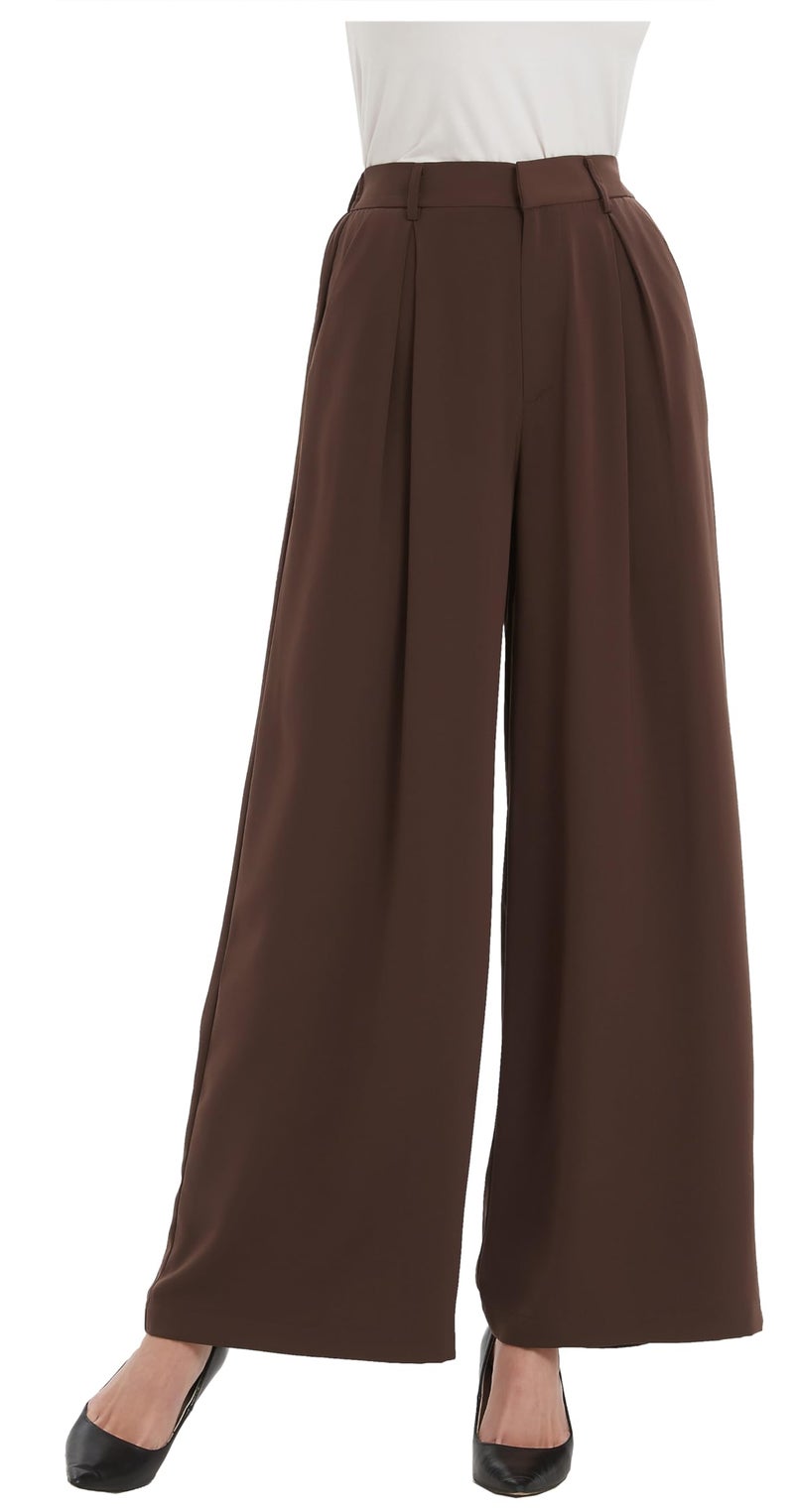 Tronjori Women High Waist Casual Wide Leg Long Palazzo Pants Trousers Regular Size(XL Short, Chocolate) - Image 1