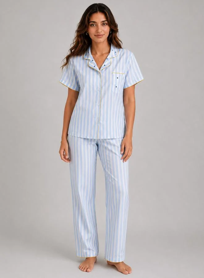 كلوفيا Light Blue and White Striped Shirt and Pants Pyjama Set