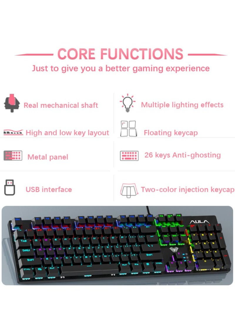 104 Keys Mechanical Keyboard USB Wired LED Backlight Suspension Keycap 26-Key Roll-Over Anti-Ghosting Blue Switch Gaming Keyboard for Gaming Typing Office Green