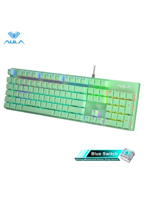 104 Keys Mechanical Keyboard USB Wired LED Backlight Suspension Keycap 26-Key Roll-Over Anti-Ghosting Blue Switch Gaming Keyboard for Gaming Typing Office Green