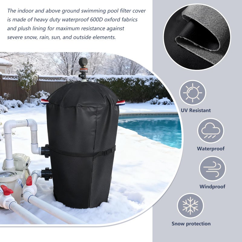 Bitubi Pool Filter Cover with Double-Layer Plush Lining (Universal Style), for Cartridge Filters Inground and Above Ground Swimming Pool Filters, Protects from Severe Snow and Intense Sun, Black - Image 3