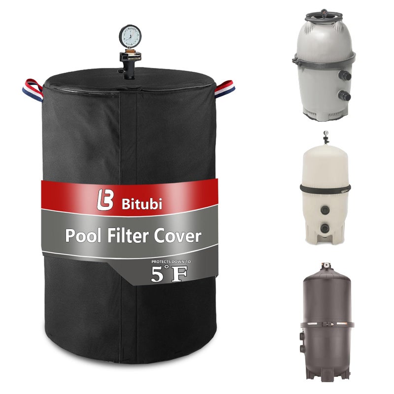 Bitubi Pool Filter Cover with Double-Layer Plush Lining (Universal Style), for Cartridge Filters Inground and Above Ground Swimming Pool Filters, Protects from Severe Snow and Intense Sun, Black - Image 1