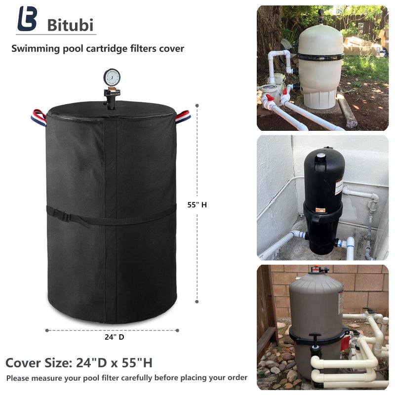 Bitubi Pool Filter Cover with Double-Layer Plush Lining (Universal Style), for Cartridge Filters Inground and Above Ground Swimming Pool Filters, Protects from Severe Snow and Intense Sun, Black - Image 2