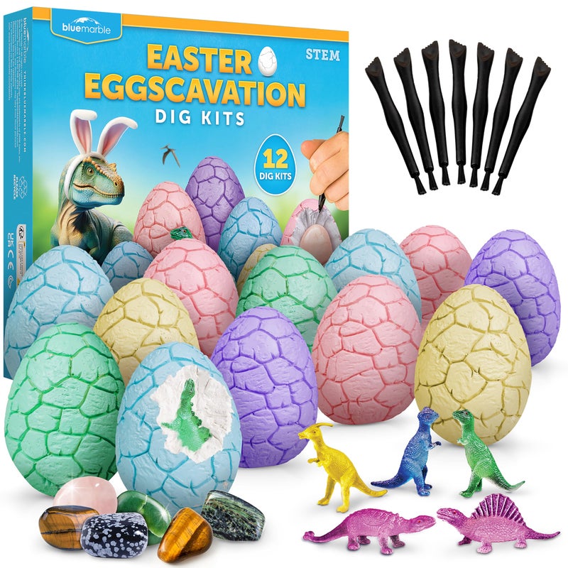Blue Marble Easter Eggscavation Dig Kit 12 Easter Egg Dig Bricks with Real Gemstones Glow in The Dark Dinosaur Figures Includes Dig Tools Egg Hunt or Dig Party Activity Easter Basket Stuffers - Image 3