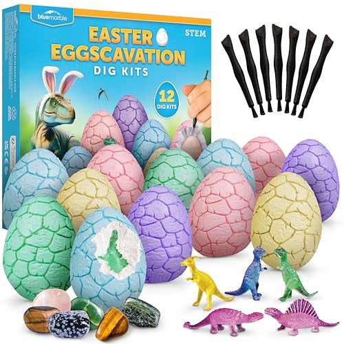 Blue Marble Easter Eggscavation Dig Kit 12 Easter Egg Dig Bricks with Real Gemstones Glow in The Dark Dinosaur Figures Includes Dig Tools Egg Hunt or Dig Party Activity Easter Basket Stuffers - Image 1