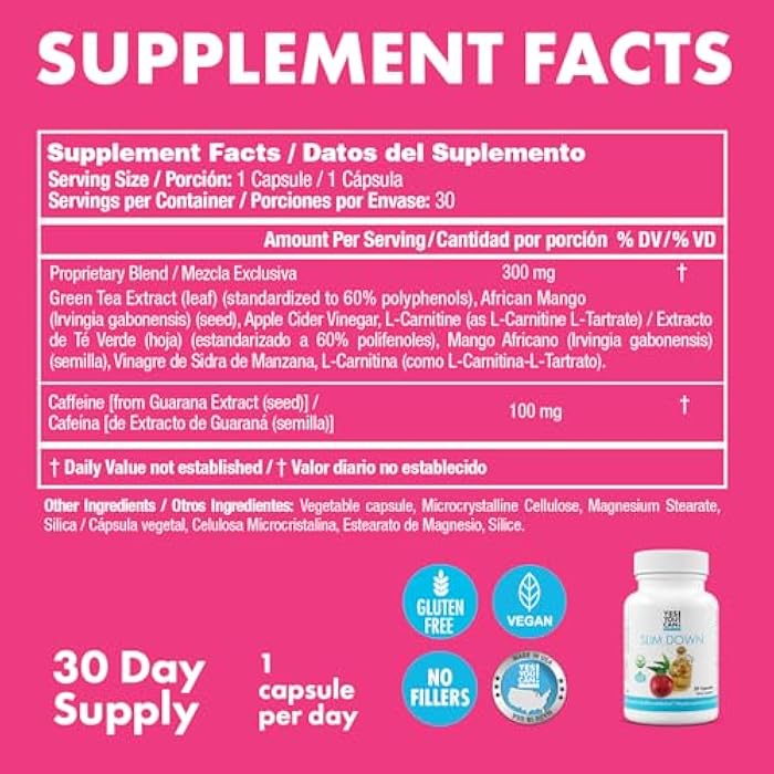 Yes You Can! Slim Down Dietary Supplements - with African Mango, L-Carnitine, Apple Cider Vinegar, Green Tea Extract, and Caffeine derived from Guarana Seed Extract, 30 Capsules/1 Month Supply - Image 4