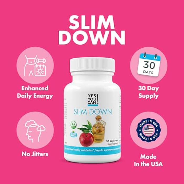 Yes You Can! Slim Down Dietary Supplements - with African Mango, L-Carnitine, Apple Cider Vinegar, Green Tea Extract, and Caffeine derived from Guarana Seed Extract, 30 Capsules/1 Month Supply - Image 2