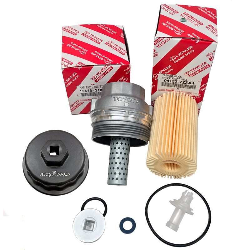 Genuine 04152YZZA4 oil filter with Genuine 1562031060A4 Oil Filter Housing Cap and 1564331050 Cap Plug includes APSG Wrench and crush washer