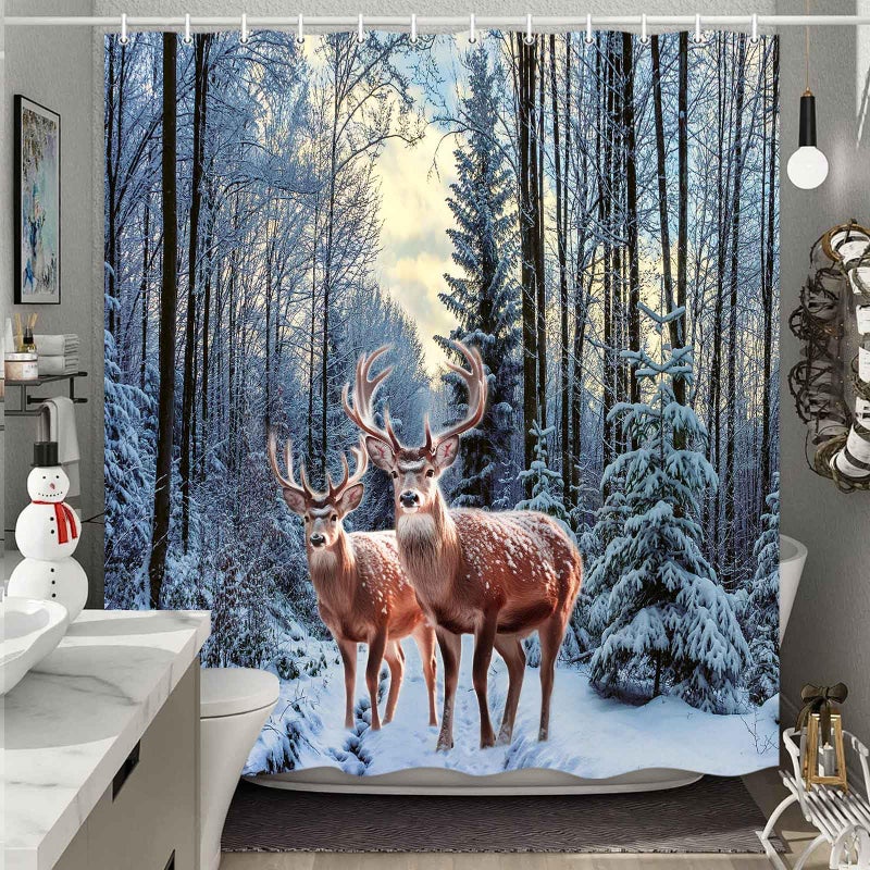 MERCHR Winter Snow Forest Shower Curtain  Christmas Pine Tree Deer Snowflake Shower Curtain for Bathroom  Xmas Holiday Decor Rustic Farmhouse Waterproof Fabric Set with Hooks  71 x 71 Inch - Image 2