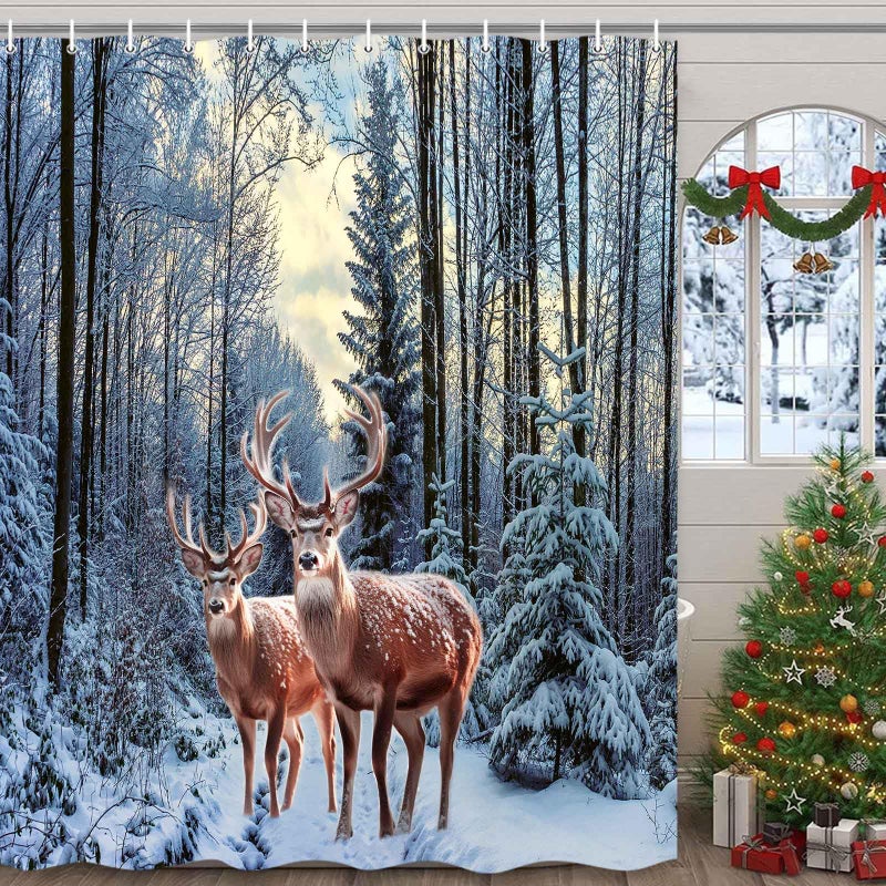 MERCHR Winter Snow Forest Shower Curtain  Christmas Pine Tree Deer Snowflake Shower Curtain for Bathroom  Xmas Holiday Decor Rustic Farmhouse Waterproof Fabric Set with Hooks  71 x 71 Inch - Image 1
