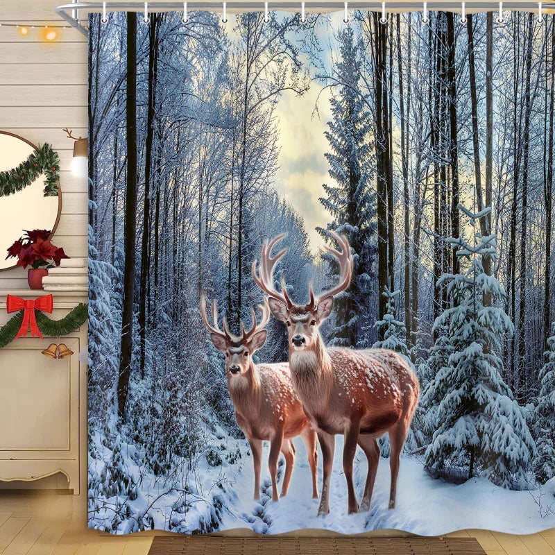 MERCHR Winter Snow Forest Shower Curtain  Christmas Pine Tree Deer Snowflake Shower Curtain for Bathroom  Xmas Holiday Decor Rustic Farmhouse Waterproof Fabric Set with Hooks  71 x 71 Inch - Image 3