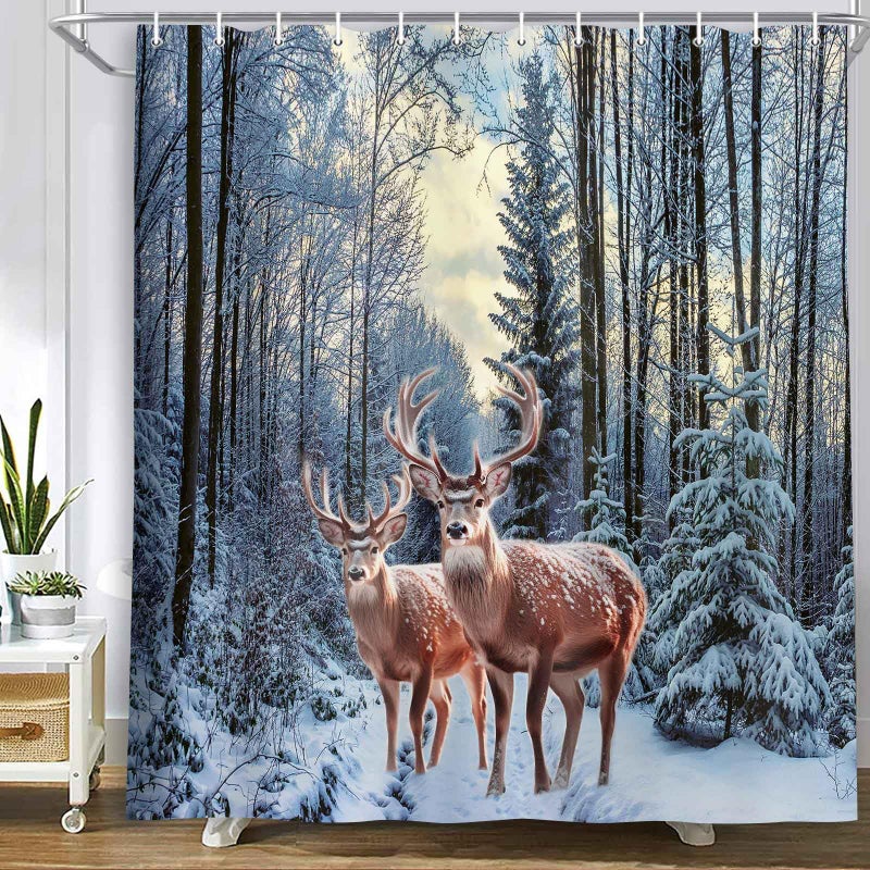 MERCHR Winter Snow Forest Shower Curtain  Christmas Pine Tree Deer Snowflake Shower Curtain for Bathroom  Xmas Holiday Decor Rustic Farmhouse Waterproof Fabric Set with Hooks  71 x 71 Inch - Image 4