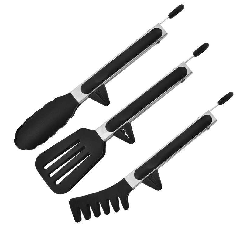 Silicone Kitchen Tongs for BBQ and Buffets Black three-piece set (self-adhesive bag)