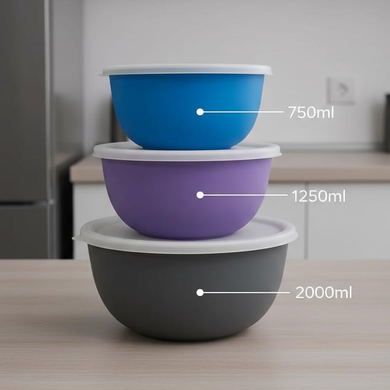 Zaib Stainless Steel Microwave Safe Mixing Bowl Set of 3 with Lid | 750 ml, 1250 ml & 2000 ml | 16, 18 & 20 cm | Multicolour | Food Storage, Reheating, Snack & Serving Bowls (3 Plain Exclusive) - Image 2