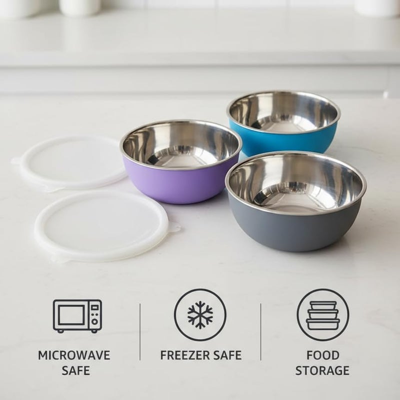 Zaib Stainless Steel Microwave Safe Mixing Bowl Set of 3 with Lid | 750 ml, 1250 ml & 2000 ml | 16, 18 & 20 cm | Multicolour | Food Storage, Reheating, Snack & Serving Bowls (3 Plain Exclusive) - Image 4