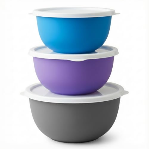 Zaib Stainless Steel Microwave Safe Mixing Bowl Set of 3 with Lid | 750 ml, 1250 ml & 2000 ml | 16, 18 & 20 cm | Multicolour | Food Storage, Reheating, Snack & Serving Bowls (3 Plain Exclusive) - Image 1