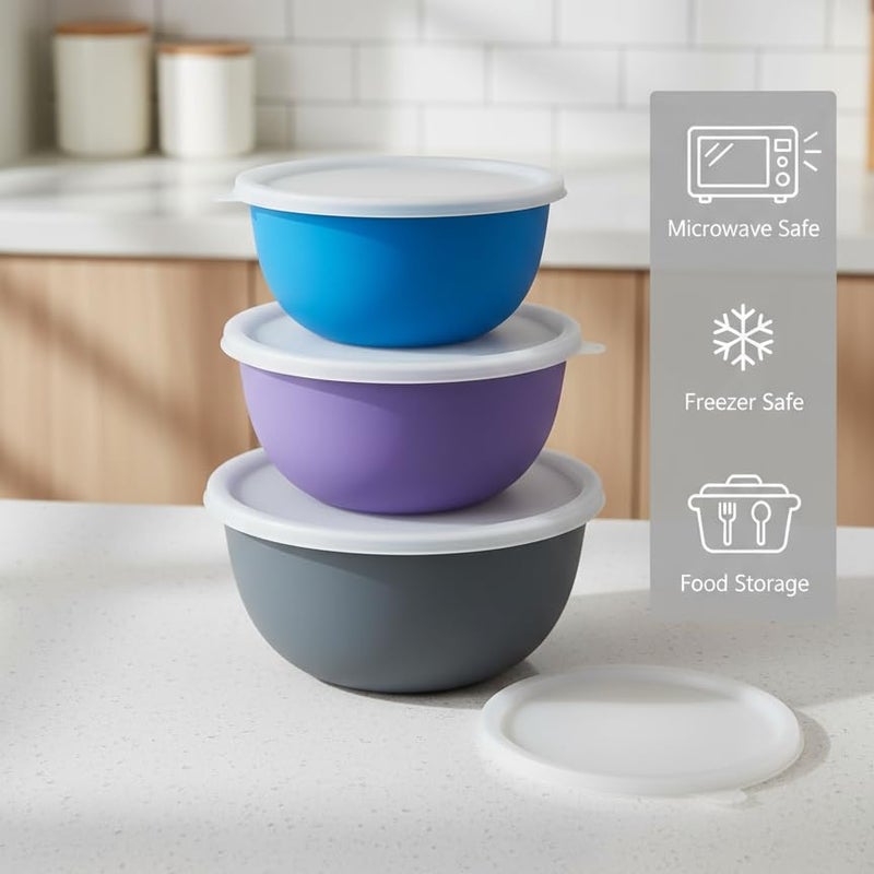 Zaib Stainless Steel Microwave Safe Mixing Bowl Set of 3 with Lid | 750 ml, 1250 ml & 2000 ml | 16, 18 & 20 cm | Multicolour | Food Storage, Reheating, Snack & Serving Bowls (3 Plain Exclusive) - Image 3
