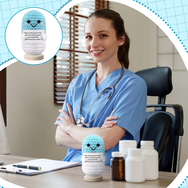 Arrowbash Nurse Gifts Pharmacist Pharmacy Crochet Pill Bottle Syringe Bandage Doll Nursing Appreciation Gift Thank You Inspirational Card for Women CRNA CNA RN LPN Decor(Pill,Blue) - Image 4