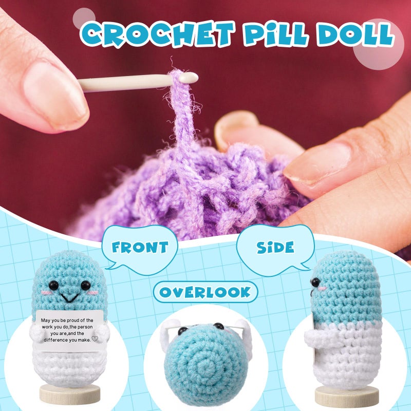 Arrowbash Nurse Gifts Pharmacist Pharmacy Crochet Pill Bottle Syringe Bandage Doll Nursing Appreciation Gift Thank You Inspirational Card for Women CRNA CNA RN LPN Decor(Pill,Blue) - Image 3